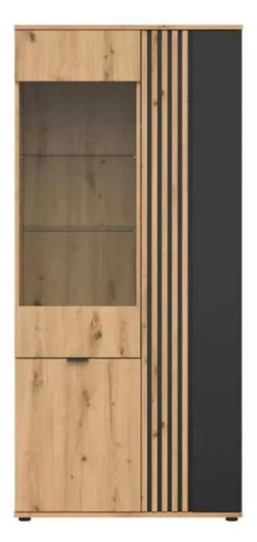 Vitrina VABRES, stejar artisan/negru mat, PAL laminat/sticla, 91x40x19
