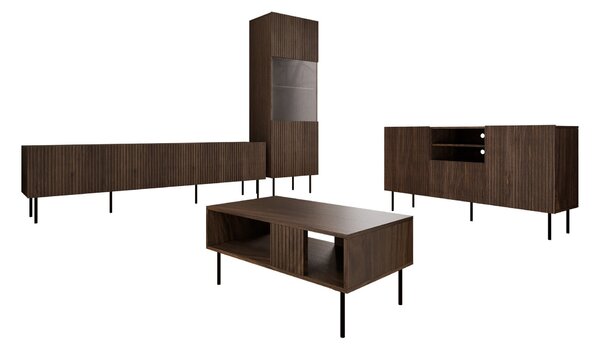 Set de living Fama, Nuc, Negru, PAL laminat, Sticlă călită, MDF