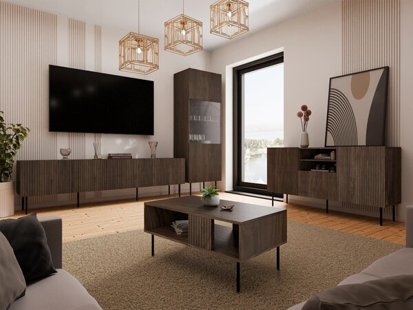 Set de living Fama, Nuc, Negru, PAL laminat, Sticlă călită, MDF