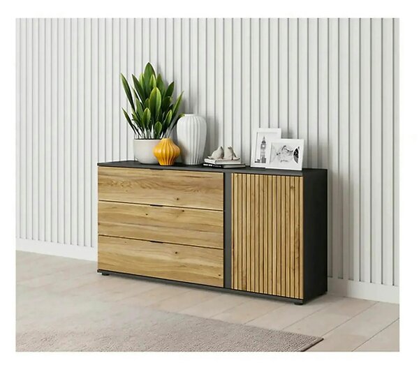 Comoda LUEN, stejar/negru, PAL laminat, 144x40x77 cm