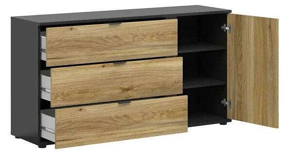 Comoda LUEN, stejar/negru, PAL laminat, 144x40x77 cm