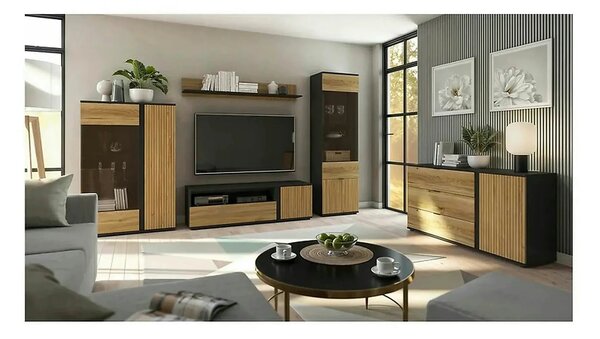 Comoda LUEN, stejar/negru, PAL laminat, 144x40x77 cm