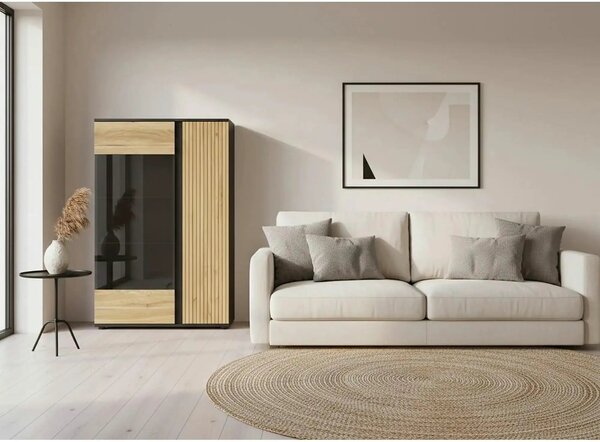 Vitrina LUEN, stejar/negru, PAL laminat/sticla securizata, 95x40x146 c
