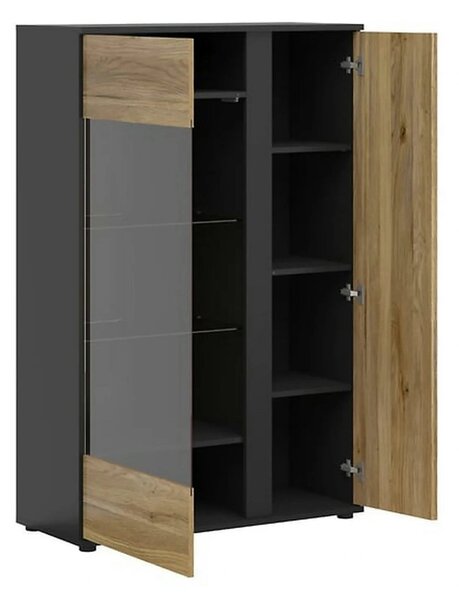 Vitrina LUEN, stejar/negru, PAL laminat/sticla securizata, 95x40x146 c