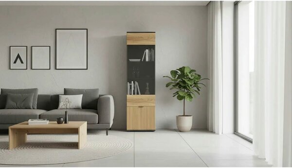 Vitrina LUEN, stejar/negru, PAL laminat/sticla securizata, 57x40x196 c