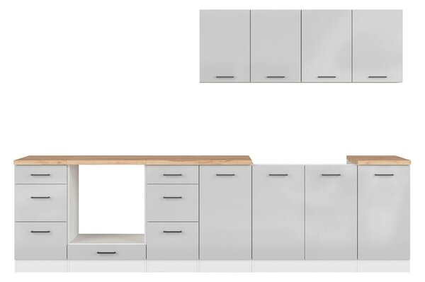 Set bucatarie JUNONA LINE, gri deschis/alb, PAL, 300 cm, cu blat steja