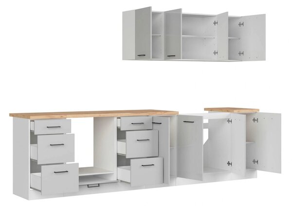 Set bucatarie JUNONA LINE, gri deschis/alb, PAL, 300 cm, cu blat steja