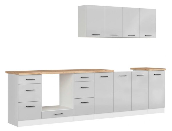 Set bucatarie JUNONA LINE, gri deschis/alb, PAL, 300 cm, cu blat steja