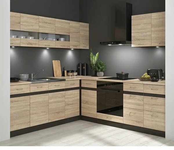 Mobila bucatarie in colt JUNONA LINE, stejar sonoma/wenge, PAL, 220x24