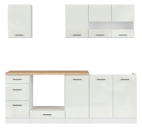 Set bucatarie JUNONA LINE, alb lucios, PAL, 220 cm, cu blat stejar art