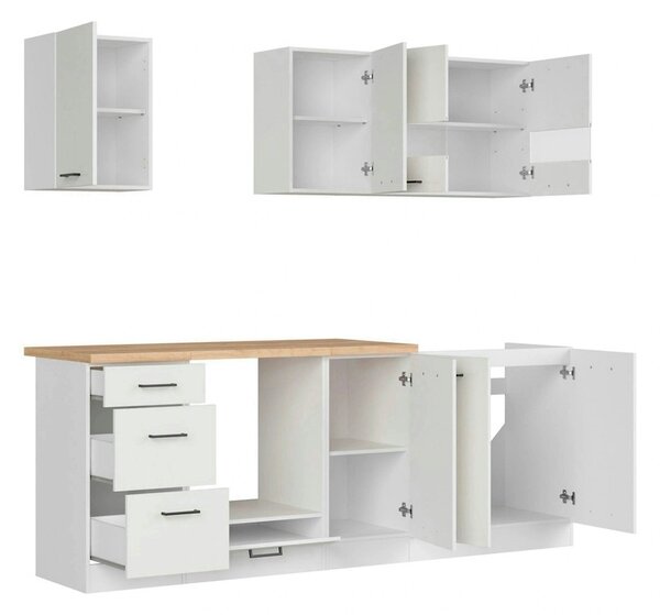 Set bucatarie JUNONA LINE, alb lucios, PAL, 220 cm, cu blat stejar art