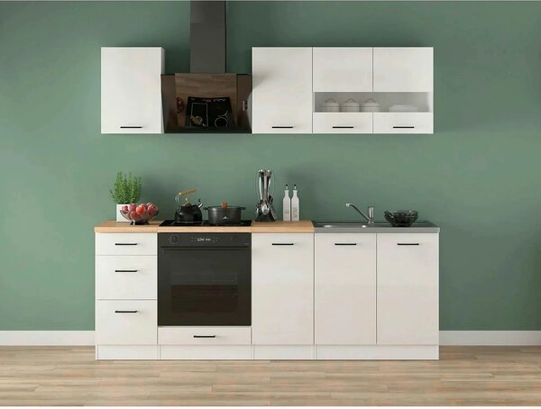 Set bucatarie JUNONA LINE, alb lucios, PAL, 220 cm, cu blat stejar art