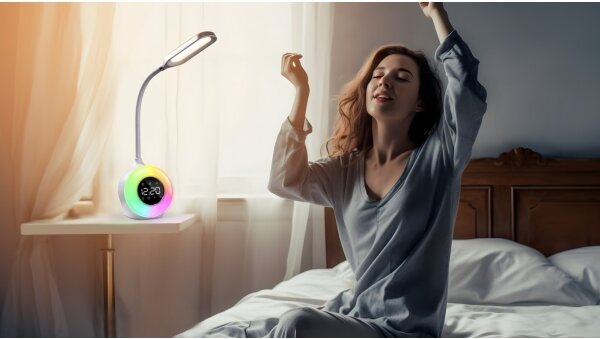 Lampă LED RGBW dimabilă de masă cu ceas deșteptător Immax 08979L FALCON LED/10W/12V