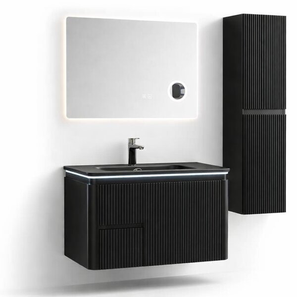 Set Mobilier Baie Cappadocia Riflat 80 cm negru mat, oglinda 70 sau 80 cm cu LED, dezaburire si lupa, lavoar ceramic, soldat inclus. 80 CM