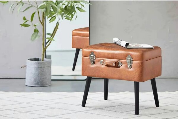 Taburet KEVIN, maro/negru, piele ecologica/lemn, 50x35x46 cm