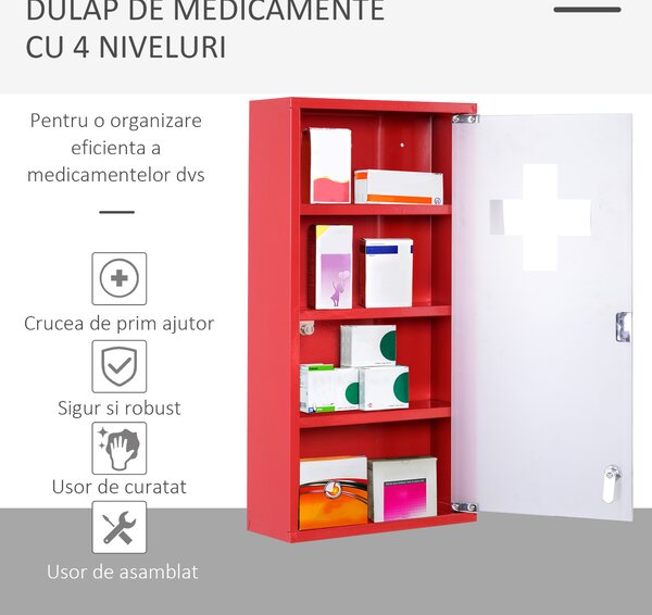 HOMCOM Dulap Prim Ajutor Montabil Perete, Cutie Medicamente, 60x30x12 cm, Roșu | Aosom Romania