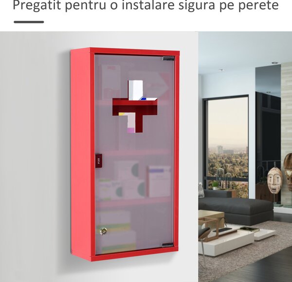 HOMCOM Dulap Prim Ajutor Montabil Perete, Cutie Medicamente, 60x30x12 cm, Roșu | Aosom Romania