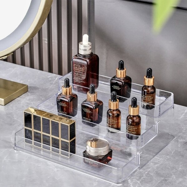 Etajera Pufo pentru prezentare si organizare medicamente si produse de make-up in trepte, 3 niveluri, 25.5 x 23.5 cm, transparent