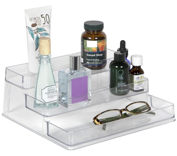 Etajera Pufo pentru prezentare si organizare medicamente si produse de make-up in trepte, 3 niveluri, 25.5 x 23.5 cm, transparent