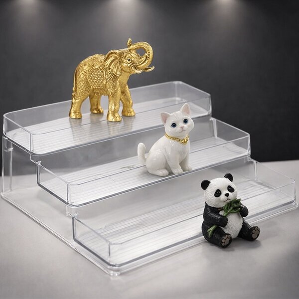 Etajera Pufo pentru prezentare si organizare produse in magazine sau expozitii, in trepte, 3 niveluri, 25.5 x 23.5 cm, transparent