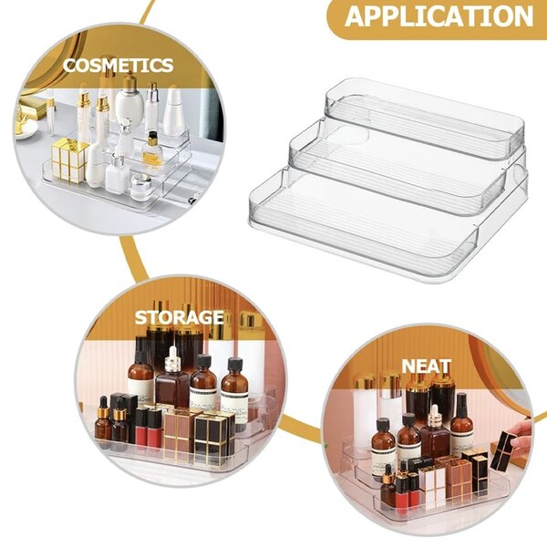 Etajera Pufo pentru prezentare si organizare medicamente si produse de make-up in trepte, 3 niveluri, 25.5 x 23.5 cm, transparent