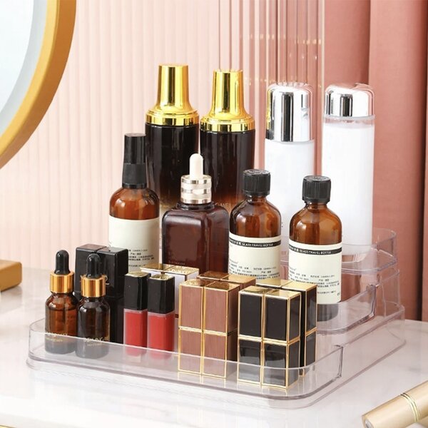 Etajera Pufo pentru prezentare si organizare medicamente si produse de make-up in trepte, 3 niveluri, 25.5 x 23.5 cm, transparent
