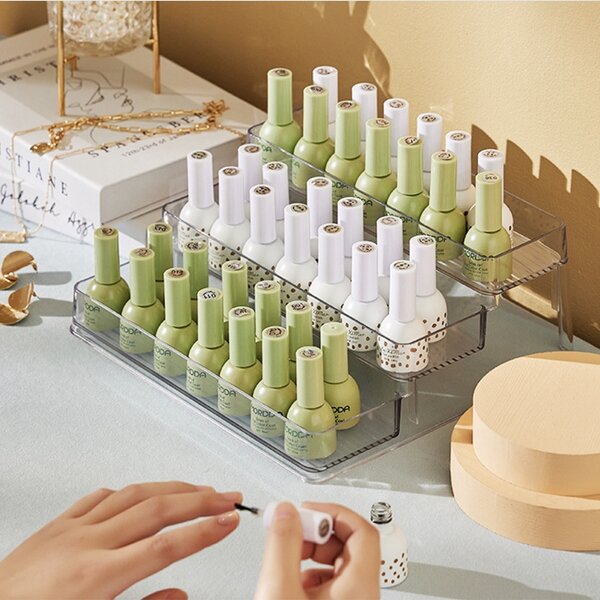 Etajera Pufo pentru prezentare si organizare medicamente si produse de make-up in trepte, 3 niveluri, 25.5 x 23.5 cm, transparent