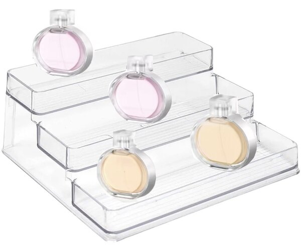 Etajera Pufo pentru prezentare si organizare produse in magazine sau expozitii, in trepte, 3 niveluri, 25.5 x 23.5 cm, transparent
