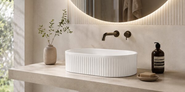Lavoar pe blat alb riflat, ceramica sanitara, oval, fara orificiu pentru baterie