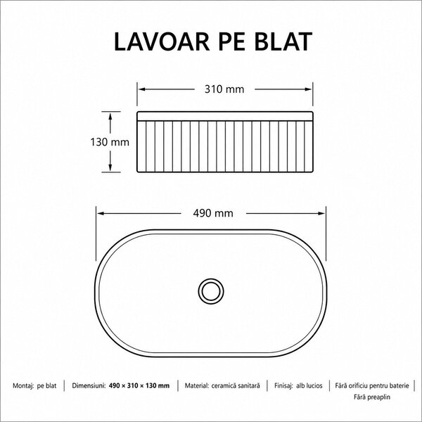 Lavoar pe blat alb riflat, ceramica sanitara, oval, fara orificiu pentru baterie
