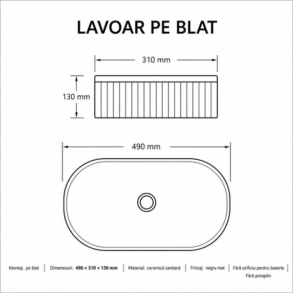 Lavoar pe blat negru mat riflat, ceramica sanitara, oval, fara orificiu pentru baterie