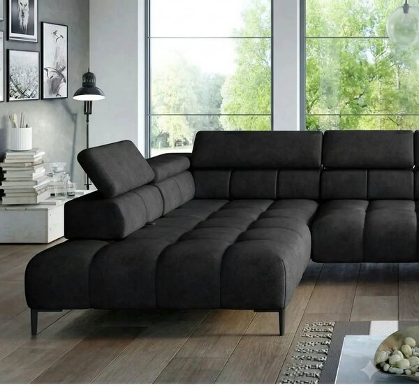Coltar PLAZA XL, sezlong stanga, stofa catifelata negru - Riviera 100