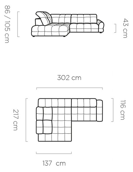 Coltar extensibil 3m TOLLO L, sezlong stanga, stofa catifelata gri - R