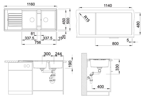 Blanco Zia 8 S, chiuveta silgranit 1160x500x190 mm, 2 camere, negru, BLA-526027