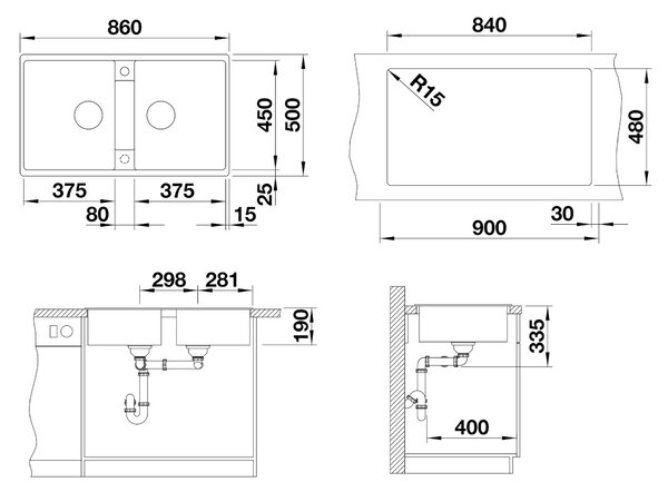 Blanco Zia 9, chiuveta silgranit 860x500x190 mm, 2 camere, alb moale, BLA-527210