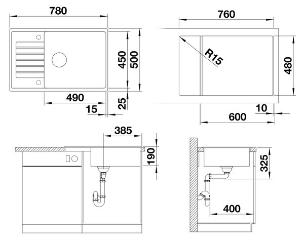 Blanco Zia XL 6 S Compact, chiuveta silgranit 780x500x190 mm, 1 camera, negru, BLA-526019