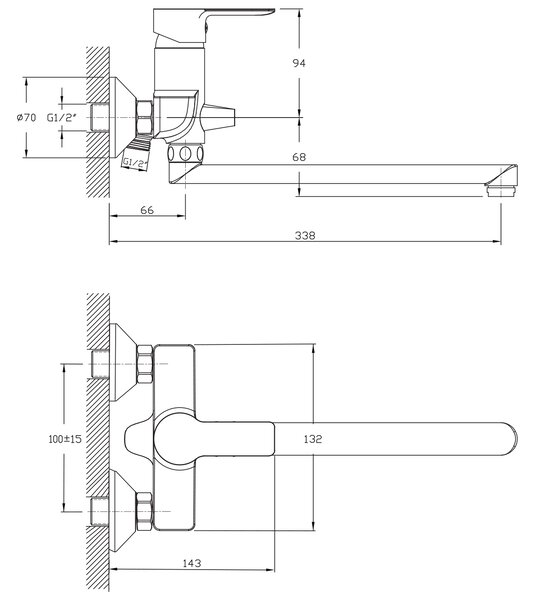 Bruckner Bruckner, baterie de perete pentru chiuvetă/cadă BARON, pas 100 mm, gură 338 mm, crom, 612.035.1