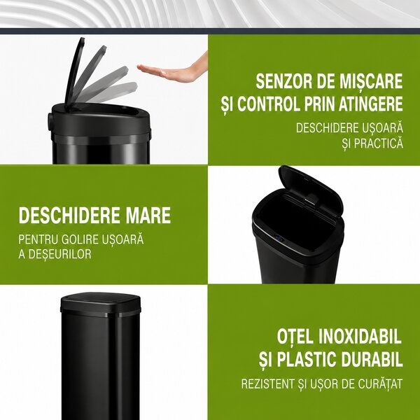 Juskys Coș de gunoi fără contact rectangular 70 L - negru
