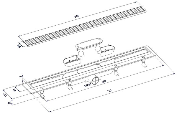 Bruckner Bruckner, Sifon de pardoseală cu grătar din oțel inoxidabil, L-710, DN50, 700.157.2