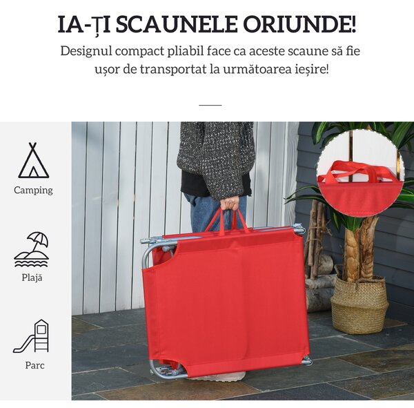Outsunny Șezlong Pliabil cu Spătar Reglabil în 5 Poziții, Șezlong de Grădină cu Structură din Metal și Material Oxford, pentru Plajă, Piscină, Grădină, 187x55x24cm, Roșu | Aosom Romania