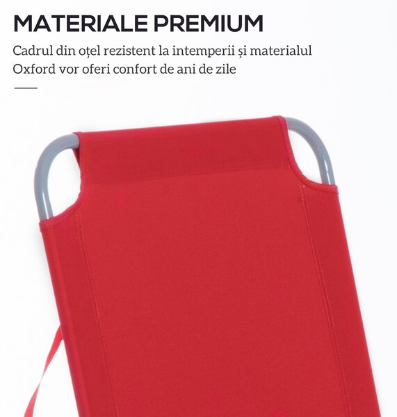 Outsunny Șezlong Pliabil cu Spătar Reglabil în 5 Poziții, Șezlong de Grădină cu Structură din Metal și Material Oxford, pentru Plajă, Piscină, Grădină, 187x55x24cm, Roșu | Aosom Romania