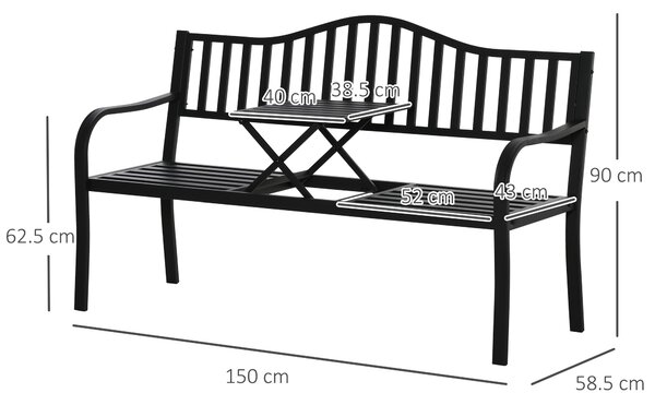 Bancă de Grădină Outsunny din Metal cu Măsuță Centrală Retractabilă, Bancă Loveseat pentru Terasă cu Șezut și Spătar cu Șipci, pentru 2–3 Persoane, Neagră | Aosom Romania