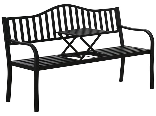 Bancă de Grădină Outsunny din Metal cu Măsuță Centrală Retractabilă, Bancă Loveseat pentru Terasă cu Șezut și Spătar cu Șipci, pentru 2–3 Persoane, Neagră | Aosom Romania