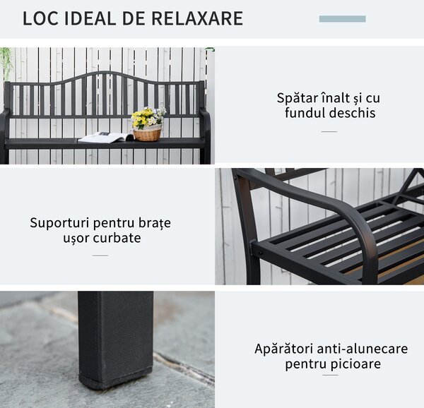 Bancă de Grădină Outsunny din Metal cu Măsuță Centrală Retractabilă, Bancă Loveseat pentru Terasă cu Șezut și Spătar cu Șipci, pentru 2–3 Persoane, Neagră | Aosom Romania