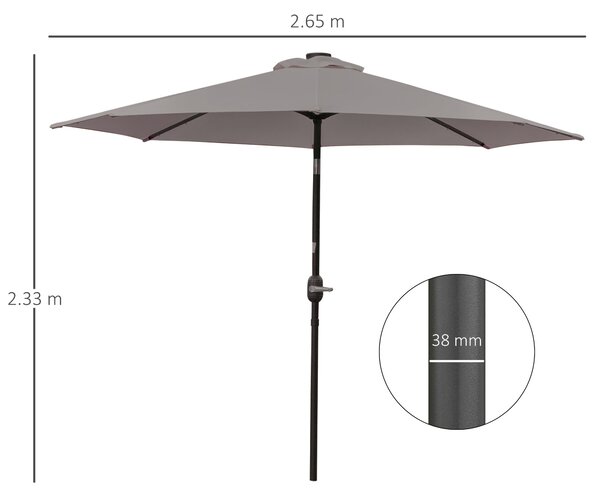 Outsunny Umbrelă de Grădină Inclinabilă Ø265 cm cu 32 Lumini LED Solare și Manivelă, Umbrelă de Exterior cu 8 Spițe, din Oțel și Poliester, pentru Patio, Curte, Balcon, Terasă, Gri | Aosom Romania