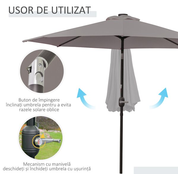 Outsunny Umbrelă de Grădină Inclinabilă Ø265 cm cu 32 Lumini LED Solare și Manivelă, Umbrelă de Exterior cu 8 Spițe, din Oțel și Poliester, pentru Patio, Curte, Balcon, Terasă, Gri | Aosom Romania