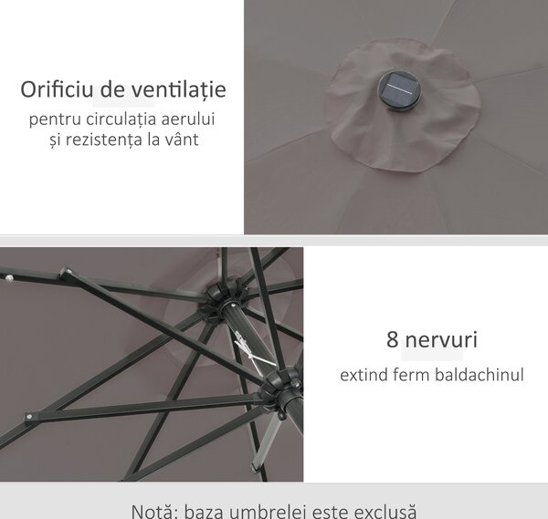 Outsunny Umbrelă de Grădină Inclinabilă Ø265 cm cu 32 Lumini LED Solare și Manivelă, Umbrelă de Exterior cu 8 Spițe, din Oțel și Poliester, pentru Patio, Curte, Balcon, Terasă, Gri | Aosom Romania