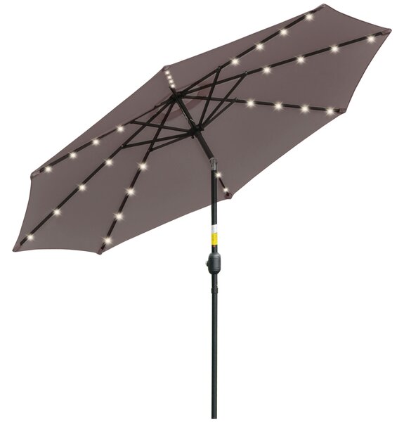 Outsunny Umbrelă de Grădină Inclinabilă Ø265 cm cu 32 Lumini LED Solare și Manivelă, Umbrelă de Exterior cu 8 Spițe, din Oțel și Poliester, pentru Patio, Curte, Balcon, Terasă, Gri | Aosom Romania