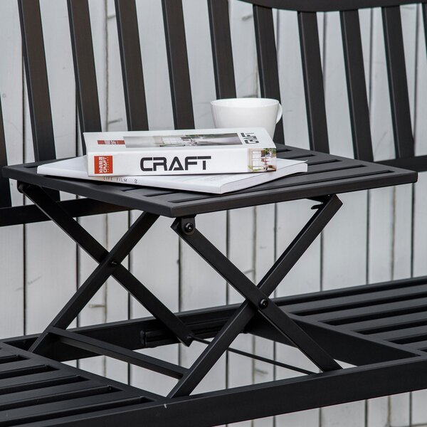 Bancă de Grădină Outsunny din Metal cu Măsuță Centrală Retractabilă, Bancă Loveseat pentru Terasă cu Șezut și Spătar cu Șipci, pentru 2–3 Persoane, Neagră | Aosom Romania