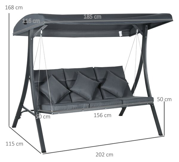 Outsunny Balansoar pentru Exterior de Grădină cu 3 Locuri și Acoperiș Reglabil, Perne Decorative, 202x115x168 cm, Gri | Aosom Romania